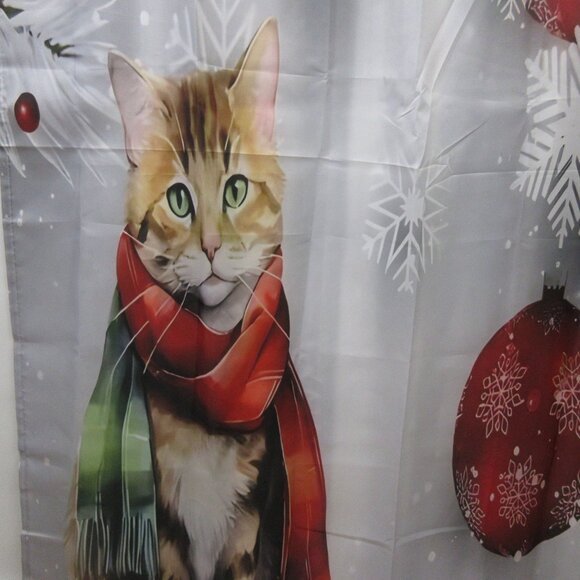 Gray Winter Ginger Cat Shower Curtain 44"x72" Waterproof  Xmas Ornaments 8 Hooks - Picture 2 of 6